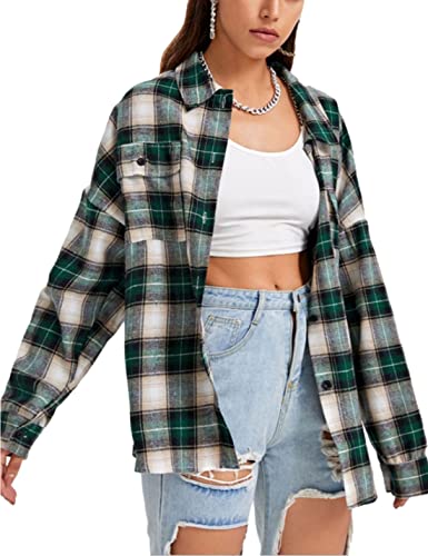 Zontroldy Womens Flannel Plaid Shirts Oversized Button Down Shirts Blouse Tops(0228-Pink-S)