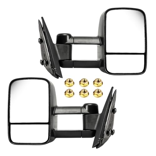 KAX Towing Mirrors Compatible with 1999-2002 Chevy Silverado GMC Sirra 1500 2500 3500 for Tahoe Suburban Avalanche, with Convex Glass Manual Controlling Telescoping Black Cap