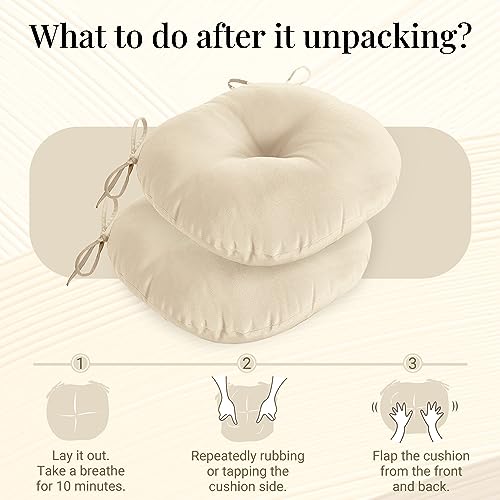 downluxe Bistro Chair Cushions for Patio Furniture, Water-Resistant Round Outdoor Chair Cushions Set of 2 with Non-Slip Ties, 15" x 15", Beige