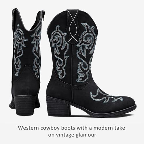 Vepose Women’s Black Cowboy Mid Calf Boots, Cowgirl Western Embroidered Chunky Low Heel 9800 Boots with Zipper, Size 6M US, (CJY9800 Black 06)