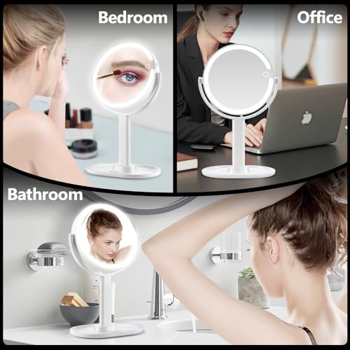 MIYADIVA Makeup Mirror with Lights,20X Magnifying Mirror with Light and Touch Switch,Vanity Mirror with 3 Color Light and 80 LEDs,2-Sided Lighted Magnified Mirror 8.8 Inches