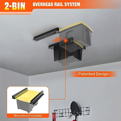 TORACK Garage 16" Studs Ceiling Bin Storage Rack, Overhead Tote Storage Rail System Heavy Duty Adjustable Tote Slide Garage Storage System(for 2 Bins, Bins are not included)
