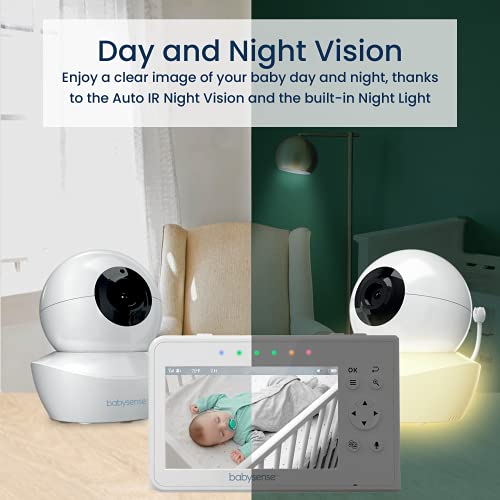 Babysense Baby Monitor with 2 Cameras and Audio 4.3", Non WiFi Baby Monitor, Dual Split Screen, Portable Double Sleep Video Monitor, Auto Night Vision & Light, Lullabies & White Noise, Two-Way Audio