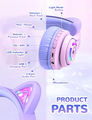 iClever Cat Ear Kids Bluetooth Headphones, LED Lights Up, 74/85/94dB Volume Limited, 50H Playtime,Bluetooth 5.2, USB C, Kids Headphones Wireless for Travel iPad Tablet, Meow Macaron-Gradient Pink