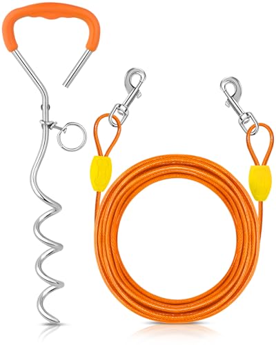 Petbobi Dog Tie Out Cable and Stake 15ft - Outdoor Dog Yard Leash, No Tangle, 16in Ground Stake for Yard, Camping and Beach, Suitable for Small Medium Dogs Up to 20lbs, Orange
