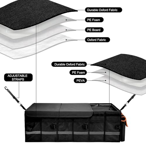 Car Trunk Organizer and Storage with Lid & Removable Leakproof Cooler Bag, 6 Removable Dividers for Custom Space, Collapsible Large Trunk Organizers for SUV Sendan with Non Slip Bottom&Foldable Cover