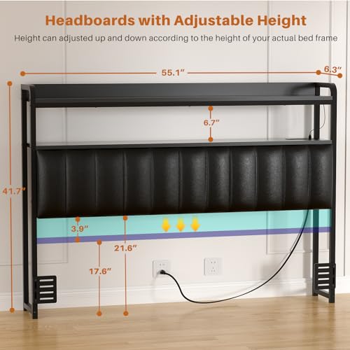 Aheaplus Headboard for Twin Size Bed Frame, Upholstered Headboards with Outlets, USB Ports and LED Light, Leather Head Board with Storage, Height Adjustable, Comfortable Headboard, Twin Size, Black