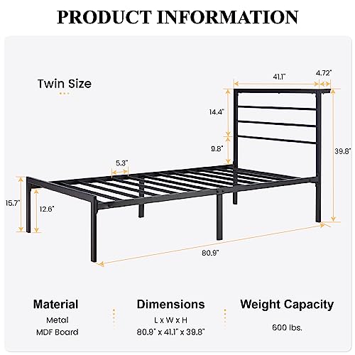 SHA CERLIN Twin Size Bed Frame with Headboard Shelf and Strong Metal Foundation, No Box Spring Needed, Black
