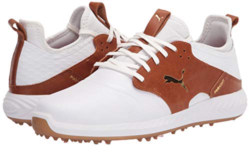 PUMA Men's Ignite Pwradapt Caged Crafted Golf Shoe, Black-Leather Brown Team Gold, 13