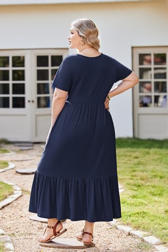 IN'VOLAND Plus Size Womens Summer Casual Short Sleeve Crewneck Swing Dress Flowy Tiered Maxi Beach Dress with Pockets Green