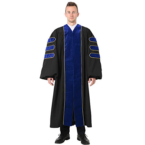 GraduatePro Doctoral Graduation Gown for Faculty and Professor PhD Regalia with Velvet and Gold Piping Blue 45