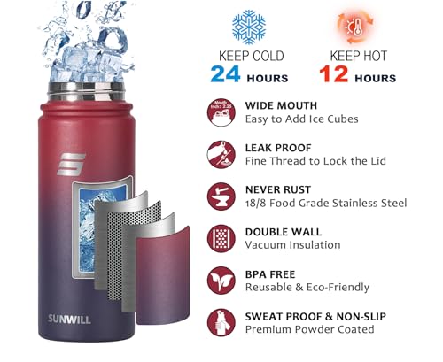 SUNWILL Insulated Water Bottle with Straw, Sports & Travel Water Bottle 22oz Double Walled Stainless Steel, Cup Holder Friendly, Reusable Thermal Wide Mouth Flask, Leak Proof BPA Free