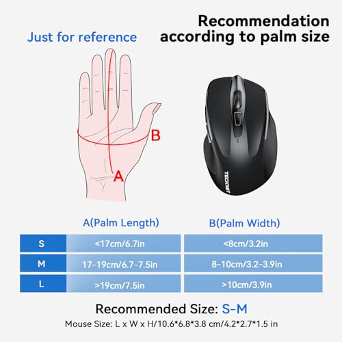 TECKNET Wireless Mouse (BT5.0/3.0 & 2.4G) Rechargeable 4800 DPI Silent Mouse 8 Buttons Bluetooth Mouse, USB A Mouse Wide Compatibility - Black