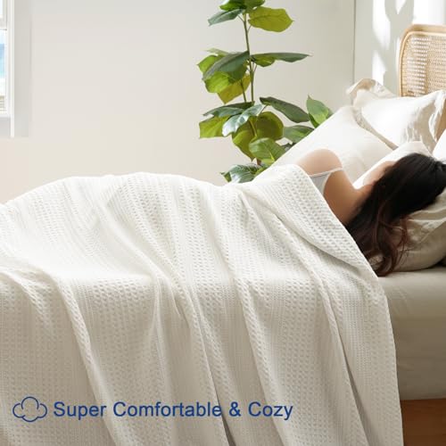 PHF Ultra Soft Waffle Weave Blanket Twin Size for Bed, Lightweight and Breathable Thin Blanket for Summer - 60"x 80" Soft Woven and Cozy Blanket for Couch Sofa Home Decor - Coconut White