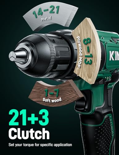 KIMO Hammer Drill - 20V 2X Battery Hammer Drill Cordless Drill Set, 3/8" Keyless Chuck, 350 In-lb Torque, 1350 RPM, 21+3 Position,14pcs Drill/Driver Bits, Power Drill Drivers for Brick Wall Concrete