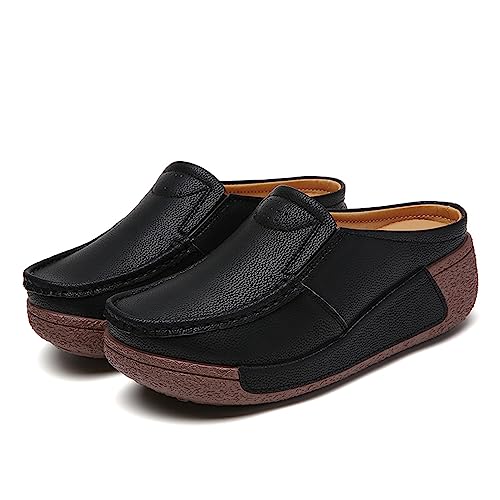YING LAN Women Slip On Loafers Comfort Leather Wide Low Top Casual Platform Shoes B-White