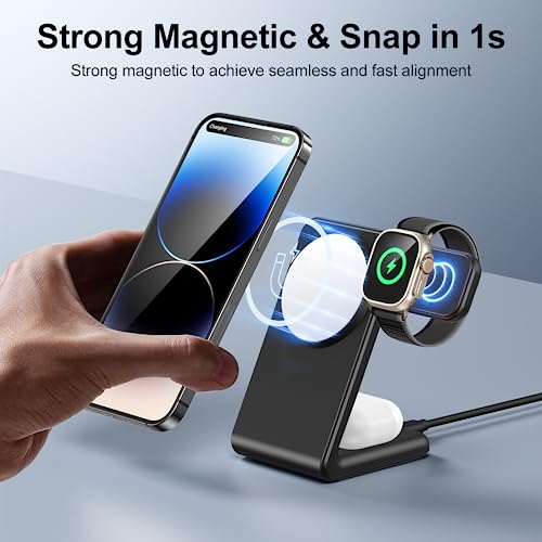 Houflody 3 in 1 Magnetic Wireless Charging Station, Wireless Charger for Mag Safe with PD 20W Adapter Designed for iPhone 16/15/14/13/12 Series, Apple Watch Ultra/SE/10 to 2, AirPods 4/3/2/pro, White