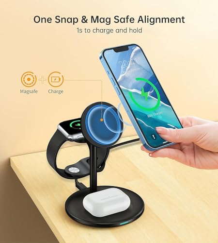 3 in 1 Wireless Charging Station for Apple Devices, Standard 15W Fast Wireless Mag-Safe Charger Stand with 20W Adapter for iPhone 15 14 13 12 Pro Max/Plus/Pro/Mini,iWatch Ultra 1,2 Series 9, AirPods