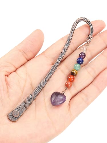 Jovivi Crystal Heart Bookmark for Women Antique Copper Metal Bookmark Natural 7 Chakra Beads Amethyst Healing Stone Vintage Bookmarks for Student Office Birthday Gifts