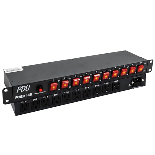 CENTROPOWER PDU Power Strip，10 Outlet Surge Protector-1800 Joules，10 Front Switch Control，1U Rack Mount.100V- 240V/15A.