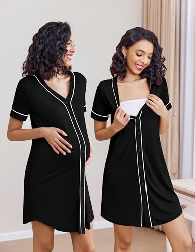 Ekouaer Womens Nightgown Button Down Sleep Shirts Short Sleeve Nightshirt V-Neck Sleepdress Soft Sleepwer, Black, Small