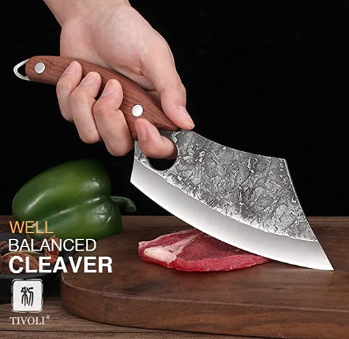 TIVOLI Meat Cleaver Knife, Hand Forged Full Tang Butcher knife for Meat Cutting, High Carbon Steel Viking Knife with Sheath for Kitchen Outdoor Camping BBQ Father's Day Christmas Gift Men Women