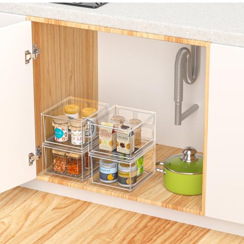 SpaceHacks Stackable Plastic Makeup Organizer Drawers, Acrylic Organizers, Clear Storage Bins with Pull-Out Handles for Vanity, Kitchen Cabinets, Pantry