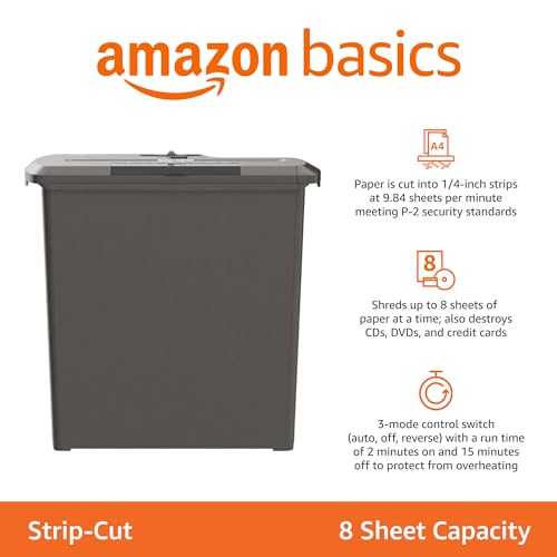 Amazon Basics 8-Sheet Strip Cut Paper, CD, and Credit Card Shredder, 3.2 Gallons Wastebasket, Black