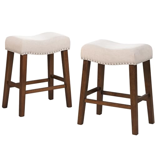 Larksperal 24" Counter Height Bar Stools - Modern Backless Kitchen Island Saddle Barstools Chairs with Footrest, Solid Wood Legs & Nailhead Trim Linen Fabric Cushion, Beige, Set of 2