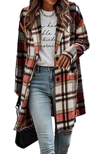 PRETTYGARDEN Women's 2024 Plaid Shacket Jacket Casual Button Wool Blend Winter Tartan Trench Coat With Pockets (Short Style Khaki,Medium)