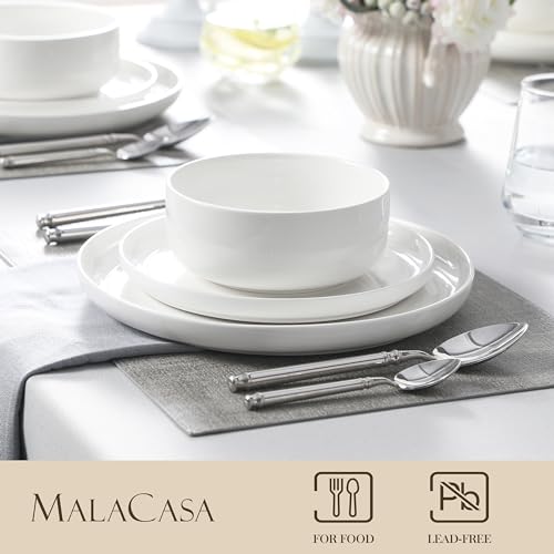 MALACASA Plates and Bowls Sets, 12 Pieces Porcelain Dinnerware Sets Dishware Sets Chip Resistant Ceramic Dish Set Dining Dinner Ware Service for 4, White, Series LUNA