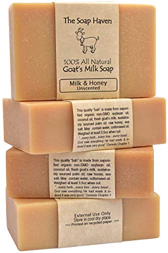 4 Goat Milk Soap Bars with Honey - Handmade in USA. All Natural Soap - Unscented, Fragrance Free, Fresh Goats Milk. Wonderful for Sensitive Skin and Babies. SLS, Paraben, GMO-Free.