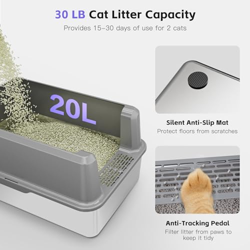 Suitfeel Enclosed Stainless Steel Cat Litter Box with Lid, Odorless XL Metal Litter Box for Big Cats, Extra Large Kitty Litter Box, Easy Clean Steel Litter Box Anti-Leakage, Include Litter Scoop