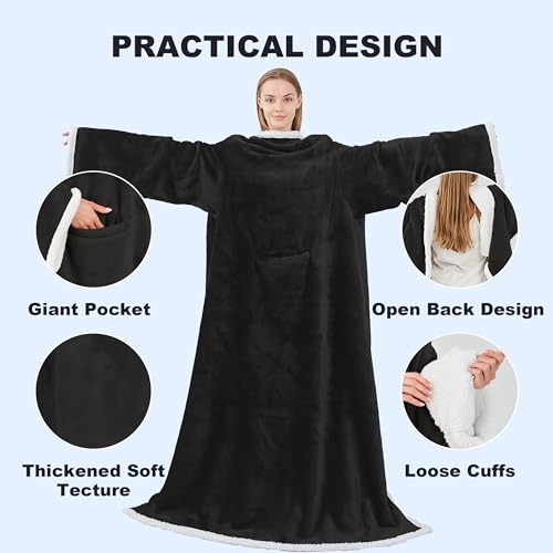 Ramees Sherpa Wearable Blanket with Sleeves and Pockets, Soft Warm TV Blanket Throw for Men and Women