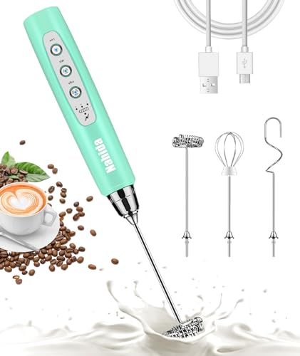 Nahida Turquoise Milk Frother Wand for Coffee Frother Handheld with Stand Electric Whisk with 3 Heads 3 Speeds Drink Mixer Coffee Frother Foam Maker For Latte, Cappuccino, Hot Chocolate, Egg