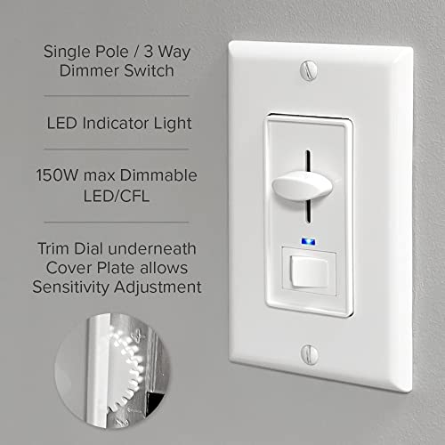Maxxima Dimmer Electrical Light Switch - Featuring Blue Indicator Light, LED Compatible, 3-Way/Single Pole Use, 600 Watt Max, Dimmable Lamp and Lighting Control, Wall Plate Included - Almond
