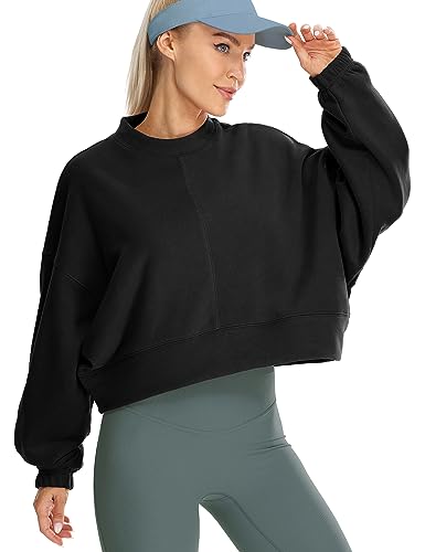 icyzone Women's Oversized Fleece Lined Sweatshirt Cropped Soft Drop Shoulder Crewneck Pullover (Grass Green, S)