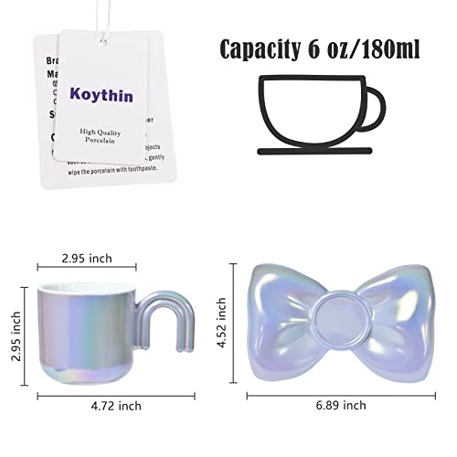 Koythin Ceramic Coffee Mug, Creative Cute Cup with Bowknot Saucer, Novelty Coffee Cup with Comfortable Grip for Office and Home, 6.5oz for Tea Latte Milk (Lavender)