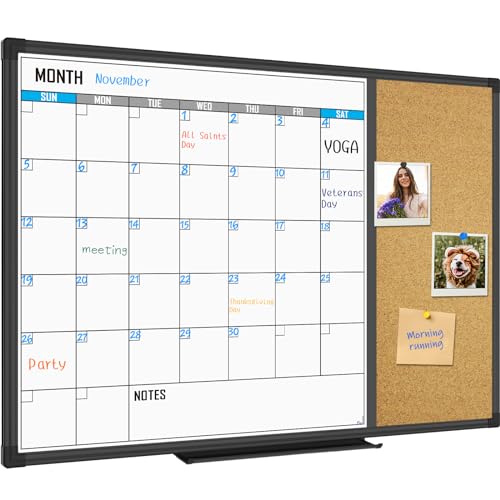 XBoard Dry Erase Calendar Whiteboard 28 X 20 - Combo White Board Calendar Monthly, Magnetic White Board + Corkboard with Black Aluminum Frame