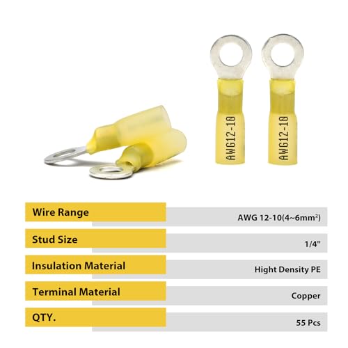 Sanuke 105Pcs 22-16 AWG - 1/4" Heat Shrink Ring Terminals 0.7mm Tinned Pure-Copper Marine Grade Waterproof Heat Shrink Wire Connectors Red