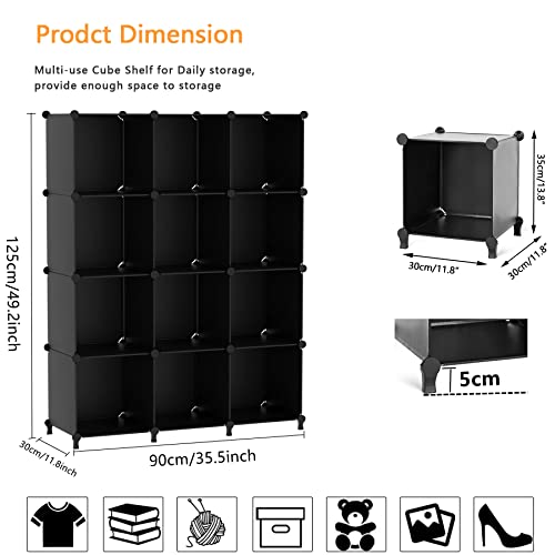 AWTATOS Cube Storage Organizer Storage 12 Cube Bookshelf DIY Plastic Closet Storage Shelves with Wooden Mallet, Ideal Storage Solution for Home, Bedroom, Black