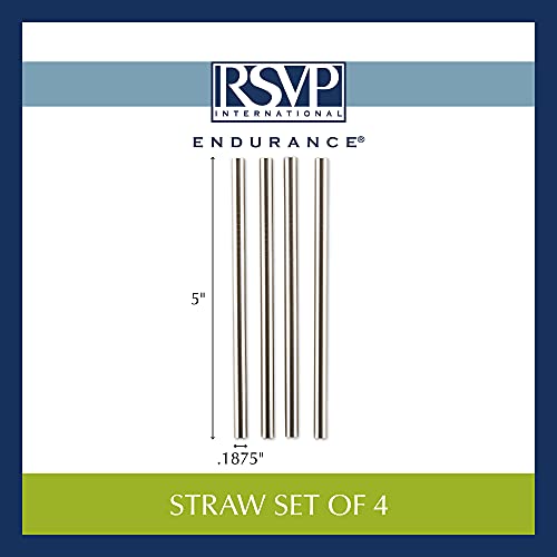 RSVP International Endurance Reusable Straws, Set of 4 - Stainless Steel, 5" | Fits Most Tumblers | Reusable | Scratch & Rust Resistance | Unbendable & Unbreakable | Dishwasher safe