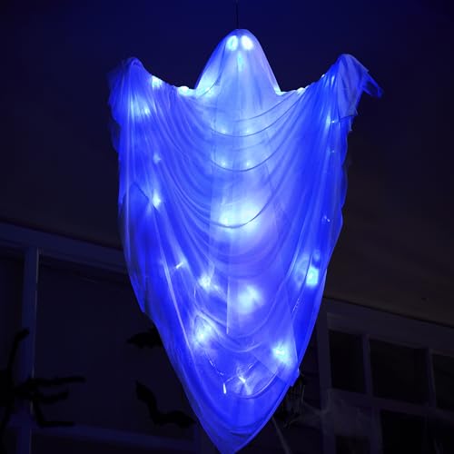 JOYIN 63" Halloween Light-up Hanging Ghost, Flying Ghost with Blue Glowing Body for Halloween Haunted House Prop, Indoor/Outdoor, Tree, Patio, Yard, Lawn Garden Decorations