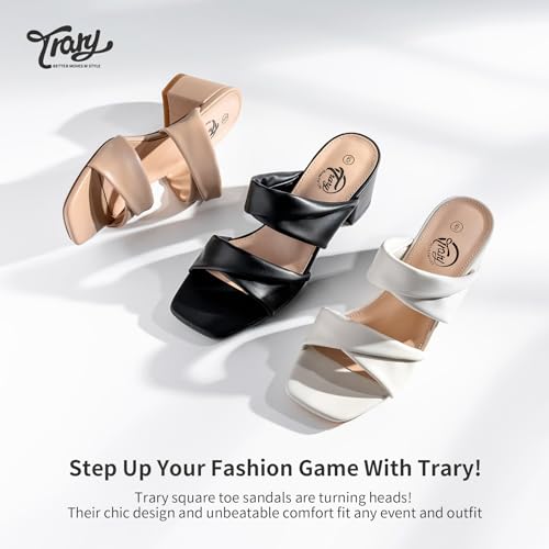Trary Black Heels for Women,Strappy Sandals for Women Dressy Square Open Toe Block Chunky Mule Heels Confortable Size 11