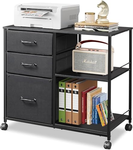 DEVAISE 3 Drawer Mobile File Cabinet, Rolling Printer Stand with Open Storage Shelf, Fabric Lateral Filing Cabinet fits A4 or Letter Size for Home Office, Black