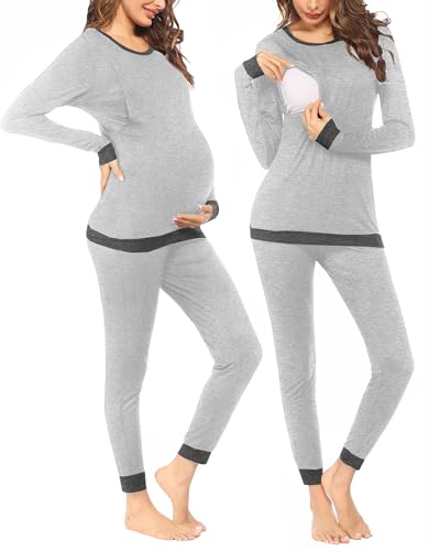 Ekouaer Nursing Pajama Set Long Sleeve Maternity Sleepwear Labor Pregnancy Pjs Breastfeeding Thermal Underwear Clothes Black