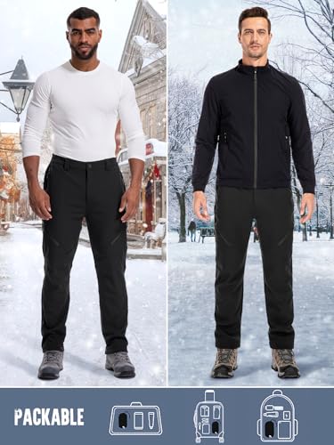 Men's Snow Ski Waterproof Fleece Lined Pants Winter Insulated Outdoor Hiking Mountain Softshell 6078-Black-29