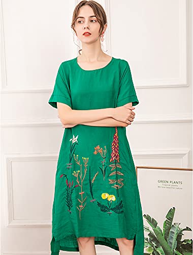 Minibee Women's Embroidered Linen Dress Summer A-Line Sundress Hi Low Tunic Clothing Green M