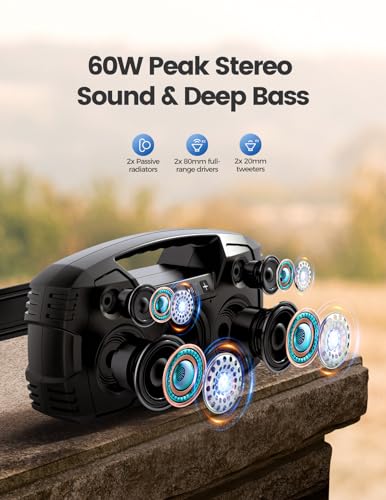 Portable Wireless Bluetooth Speaker, 40W (60W Peak) Loud Sound IPX7 Waterproof Speakers, 32H Playtime, Outdoor Speaker, Rich Bass, BT 5.0, TWS Pairing, Built-in Mic, for Party, Pool, Beach, Gifts