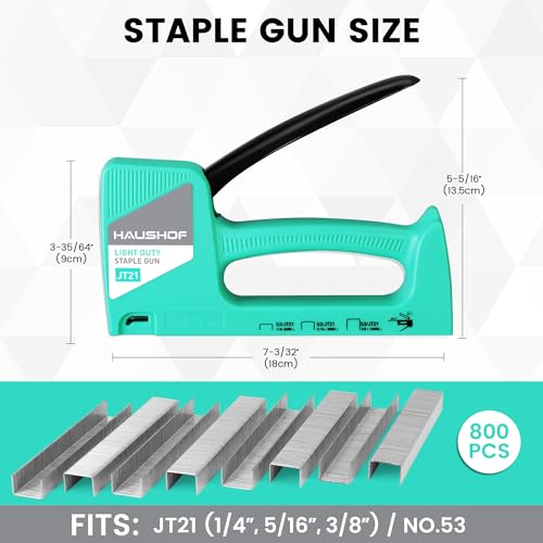 HAUSHOF Light Duty Staple Gun, Upholstery Staple Gun with 800PCS JT21 Staples and Stapler Remover, Green Staple Gun Kit fits JT21 Staple of 1/4'', 5/16'' & 3/8'' for Classroom, Crafts, DIY, Decoration